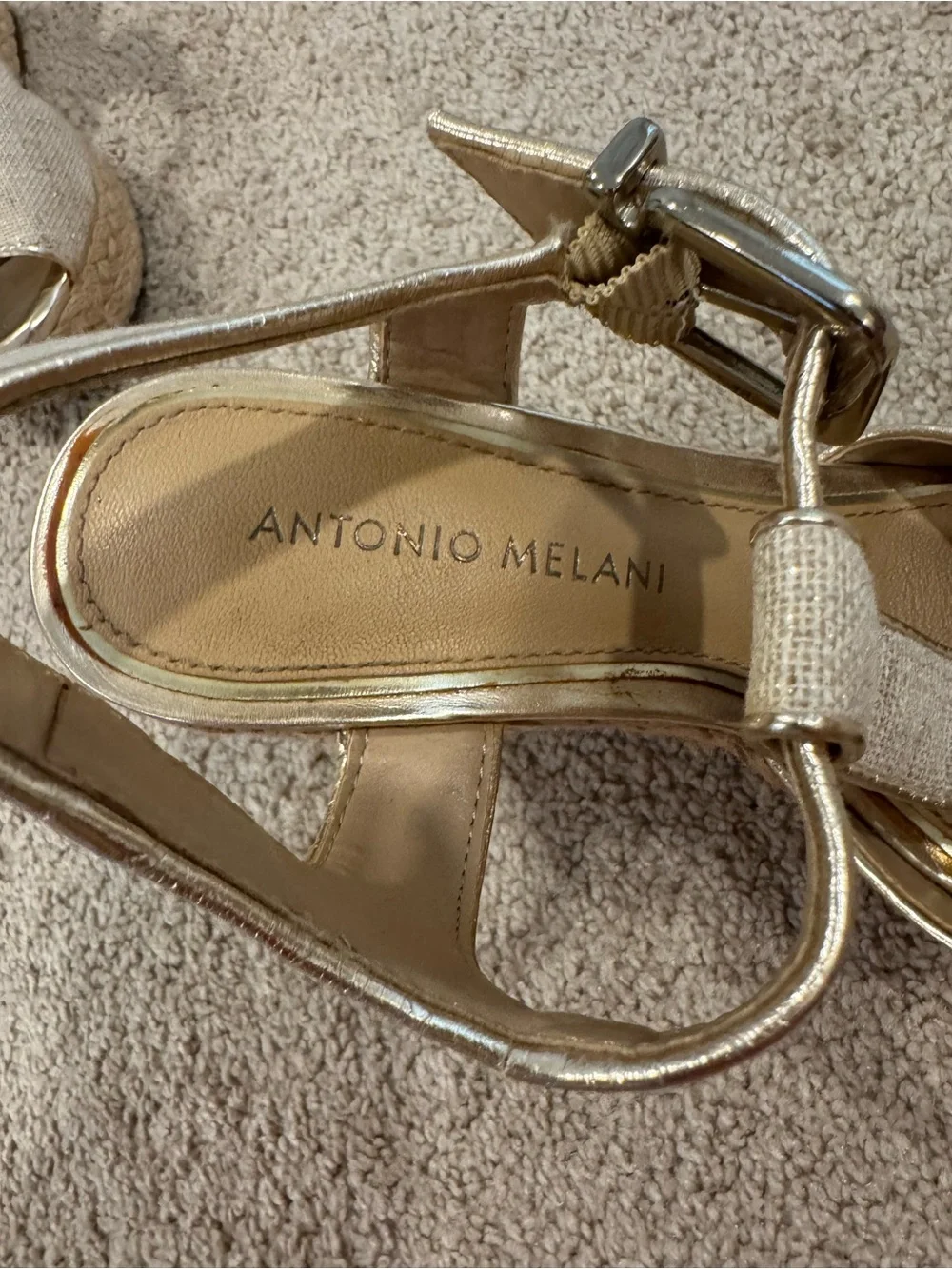 ANTONIO MELANI Gold Linen T-Strap Platform Wedges